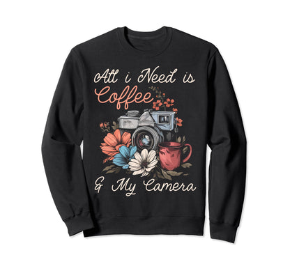 Coffee Camera Photographer Flowers Sweatshirt - Graphic Print Unisex - T-Shirt, Sweatshirt, Hoodie