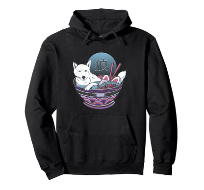 Vaporwave Ramen Wolf Kanji Japanese Hoodie - Graphic Print for Adults - T-Shirt, Sweatshirt, Hoodie