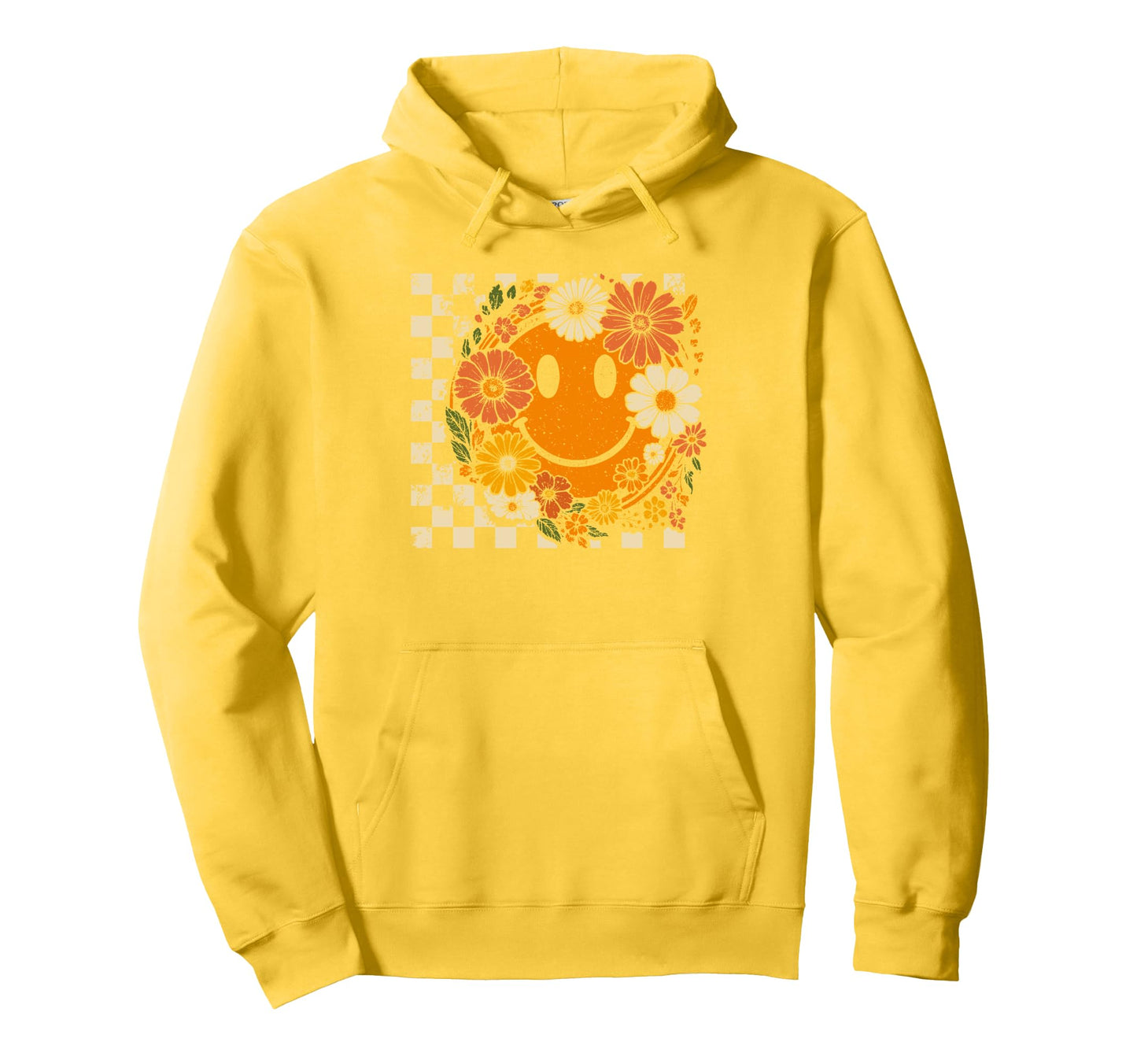 Boho Floral Fall Smile Face Checkered Hoodie - Unique Graphic for Adults - T-Shirt, Sweatshirt, Hoodie