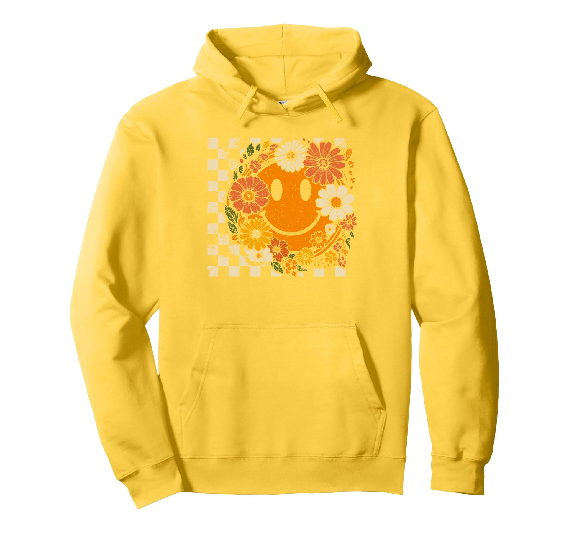 Boho Floral Fall Smile Face Checkered Hoodie - Unique Graphic for Adults - T-Shirt, Sweatshirt, Hoodie