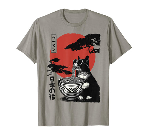 Anime Cat Eating Ramen Japanese Aesthetic T-Shirt - Graphic Print Unisex - T-Shirt, Sweatshirt, Hoodie