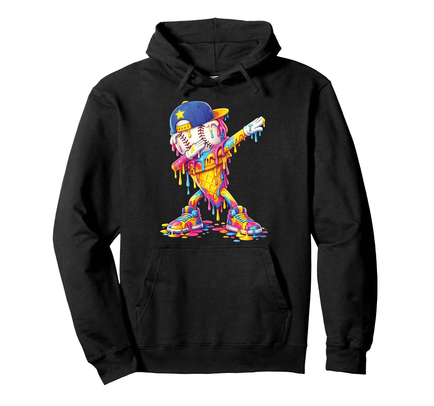 Dabbing Baseball Ice Cream Drip Funny Hoodie - Graphic Print Men Women - T-Shirt, Sweatshirt, Hoodie
