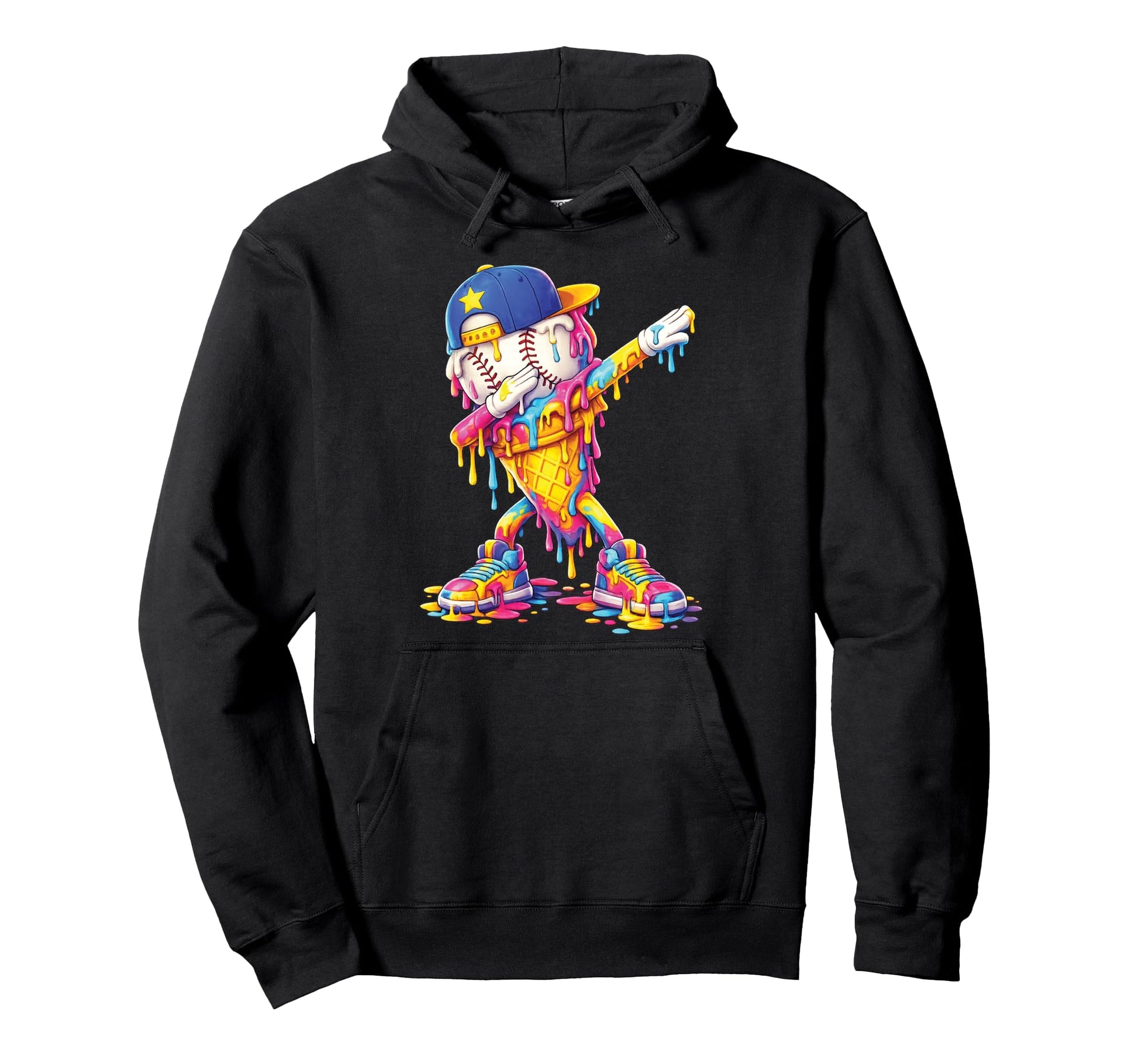 Dabbing Baseball Ice Cream Drip Funny Hoodie - Graphic Print Men Women - T-Shirt, Sweatshirt, Hoodie