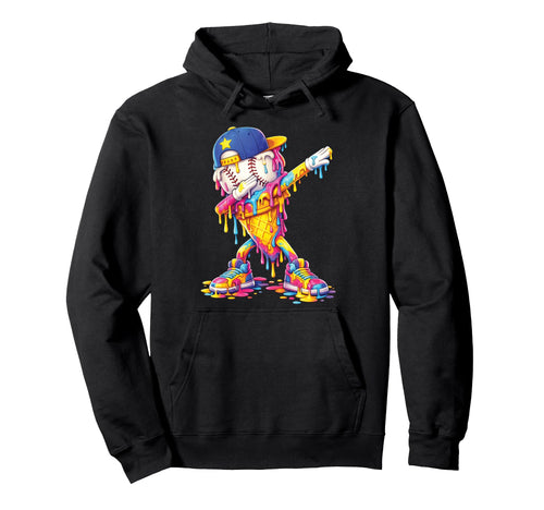 Dabbing Baseball Ice Cream Drip Funny Hoodie - Graphic Print Men Women - T-Shirt, Sweatshirt, Hoodie
