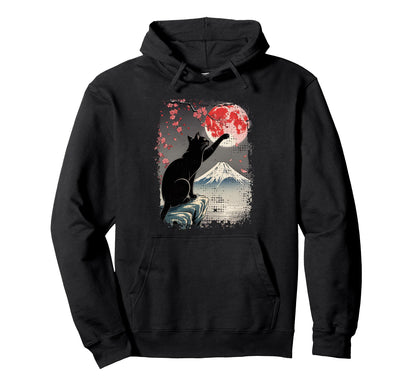 Japanese Art Black Cat And Moon Vibes Hoodie - Fun Novelty Design Unisex - T-Shirt, Sweatshirt, Hoodie