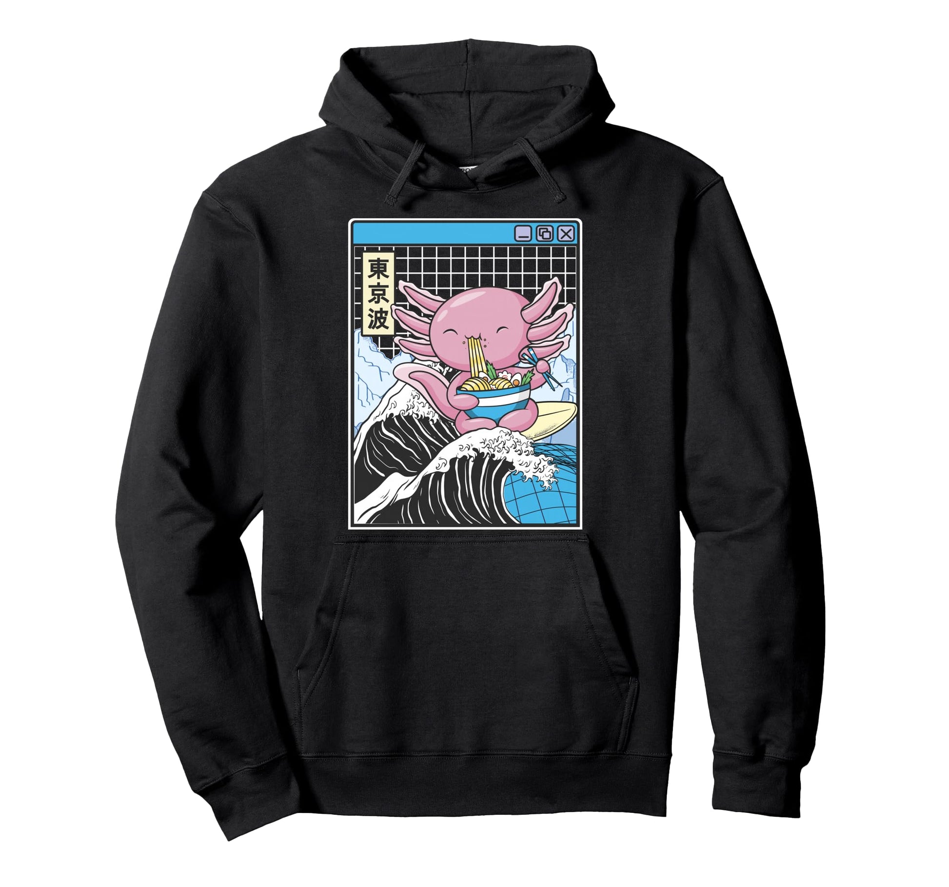 Axolotl Eating Ramen Kanagawa Wave Hoodie - Aesthetic Graphic for Adults - T-Shirt, Sweatshirt, Hoodie