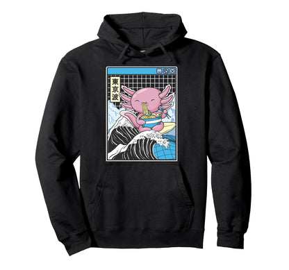 Axolotl Eating Ramen Kanagawa Wave Hoodie - Aesthetic Graphic for Adults - T-Shirt, Sweatshirt, Hoodie
