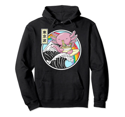 Axolotl Eating Ramen Kanagawa Wave Hoodie - Casual Everyday Wear Men Women - T-Shirt, Sweatshirt, Hoodie