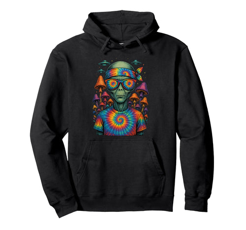 Tie Dye Alien Hippie Mushrooms Ufo Rave Hoodie - Minimalist Print Men Women - T-Shirt, Sweatshirt, Hoodie