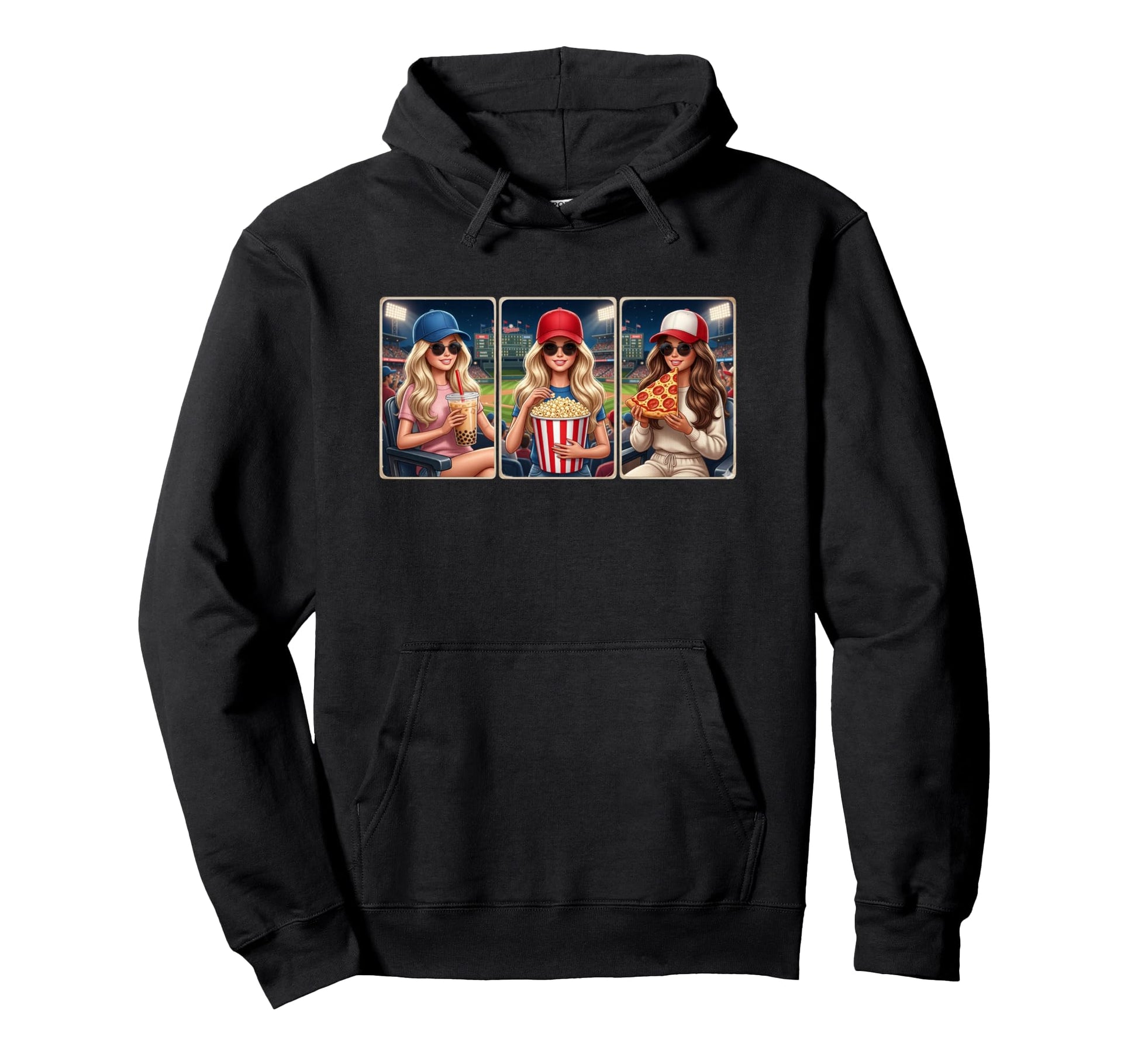 Baseball Coffee Popcorn Pizza Hoodie - Minimalist Print for Adults - T-Shirt, Sweatshirt, Hoodie