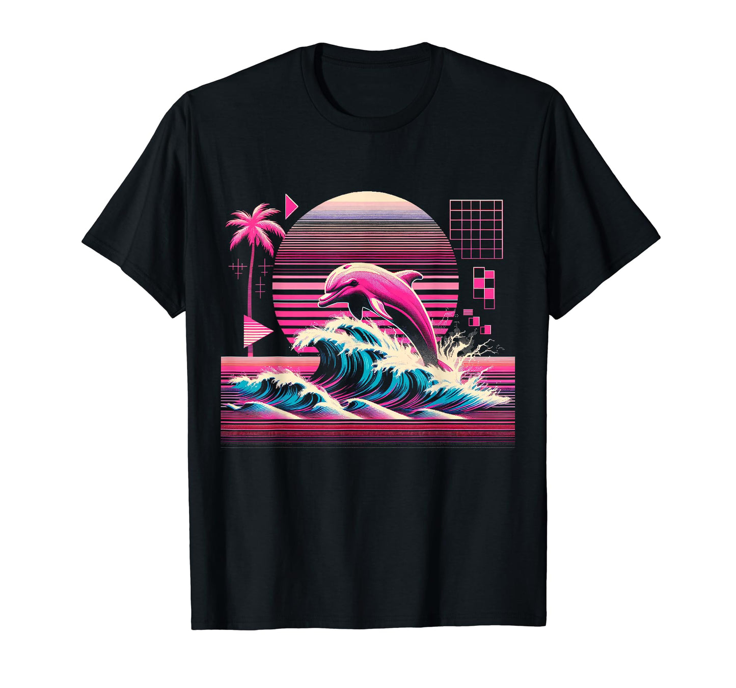 Palm Sunset Dolphin 80S 90S Vaporwave T-Shirt - Novelty Apparel Unisex - T-Shirt, Sweatshirt, Hoodie