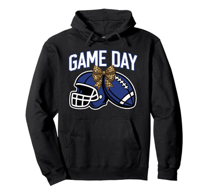 Game Day Football Bow Blue Mom Mama Hoodie - Fun Novelty Design Unisex - T-Shirt, Sweatshirt, Hoodie