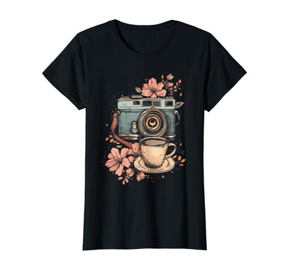 Photographer Coffee Camera Flowers T-Shirt - Graphic Print Unisex - T-Shirt, Sweatshirt, Hoodie