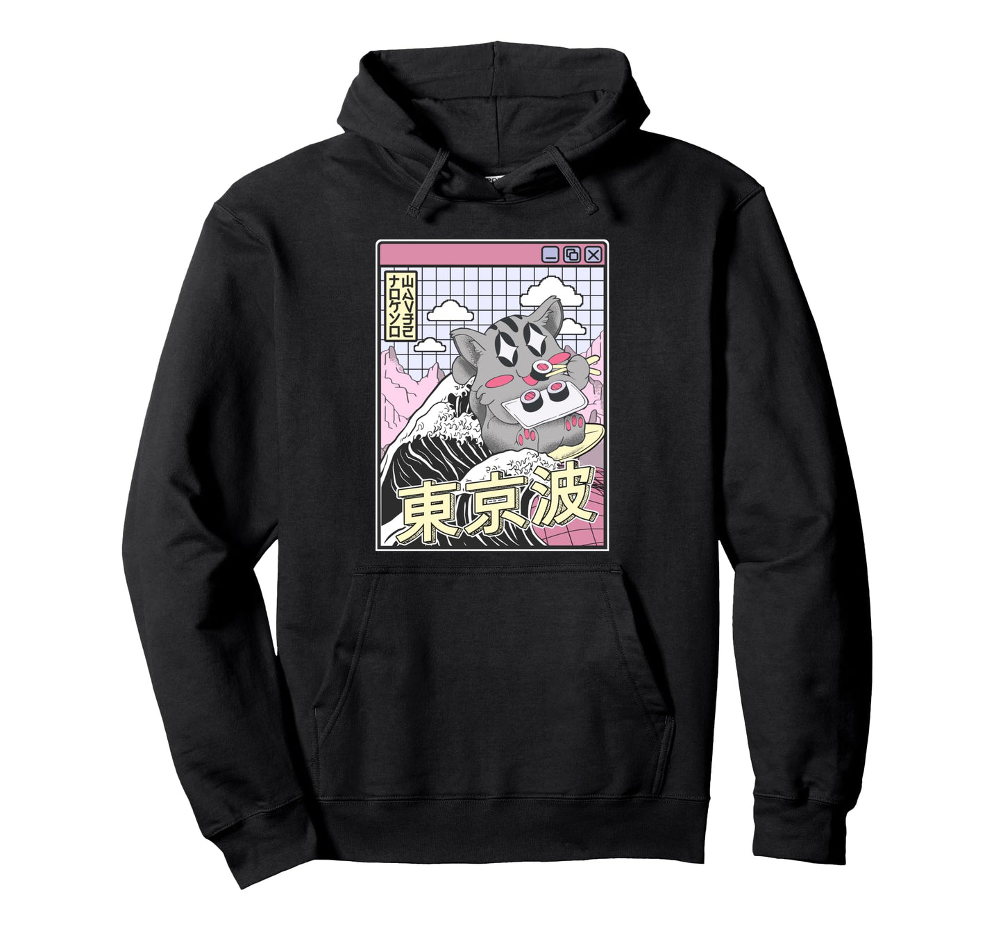 Cat Eating Sushi Surfing Kanagawa Wave Hoodie - Aesthetic Graphic Unisex - T-Shirt, Sweatshirt, Hoodie