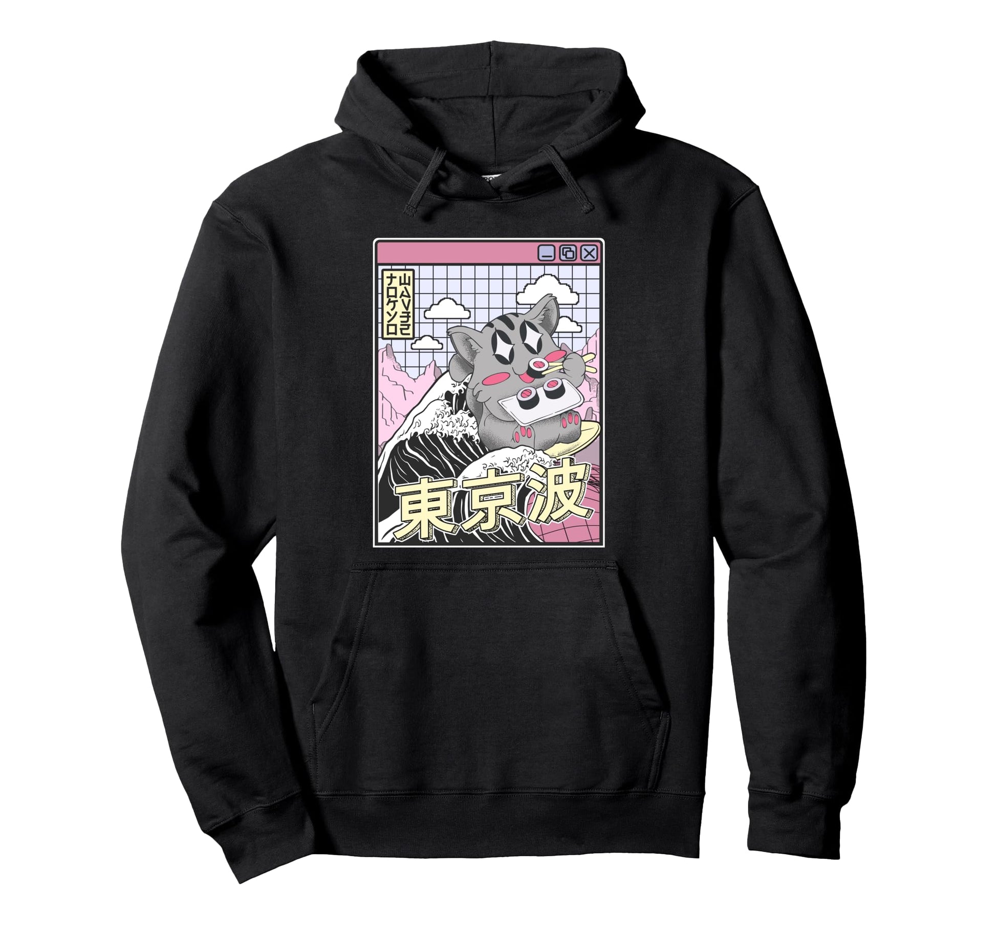 Cat Eating Sushi Surfing Kanagawa Wave Hoodie - Aesthetic Graphic Unisex - T-Shirt, Sweatshirt, Hoodie