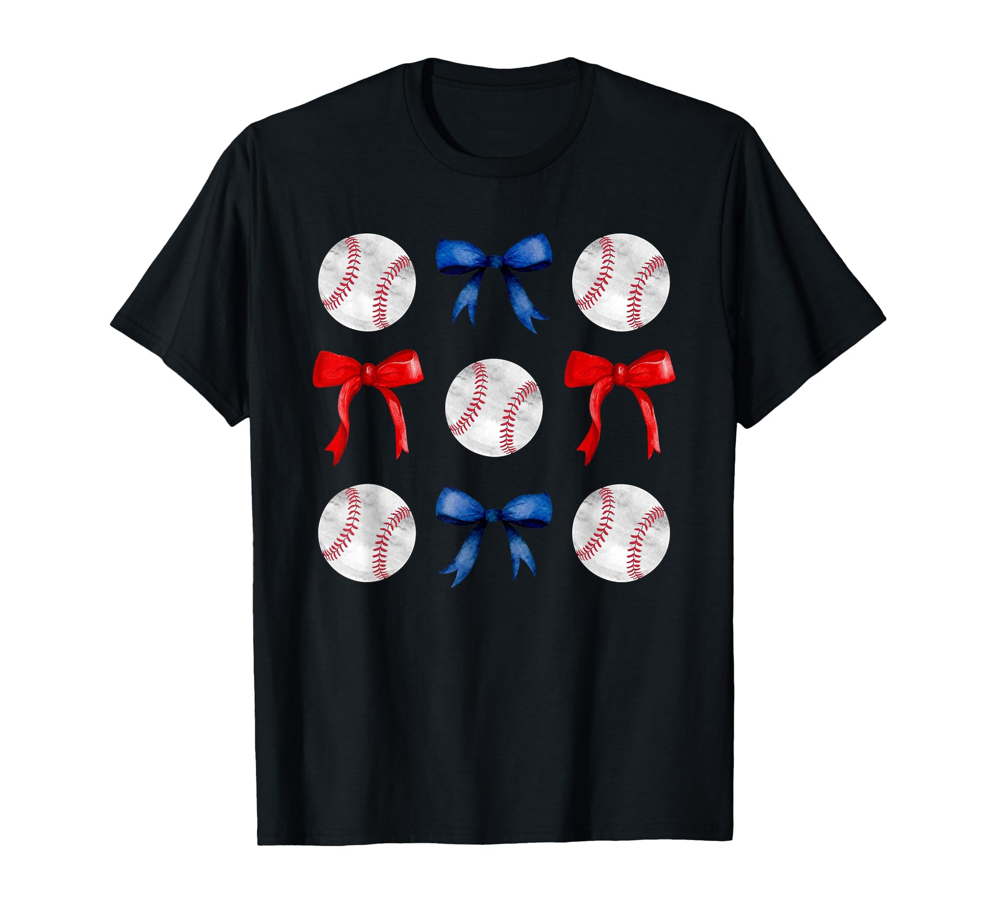 Red Blue Baseballs Bows Baseball Mom T-Shirt - Novelty Apparel for Adults - T-Shirt, Sweatshirt, Hoodie