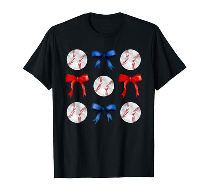 Red Blue Baseballs Bows Baseball Mom T-Shirt - Novelty Apparel for Adults - T-Shirt, Sweatshirt, Hoodie