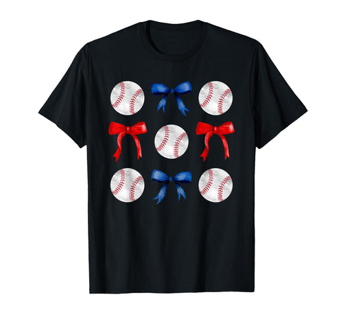 Red Blue Baseballs Bows Baseball Mom T-Shirt - Novelty Apparel for Adults - T-Shirt, Sweatshirt, Hoodie