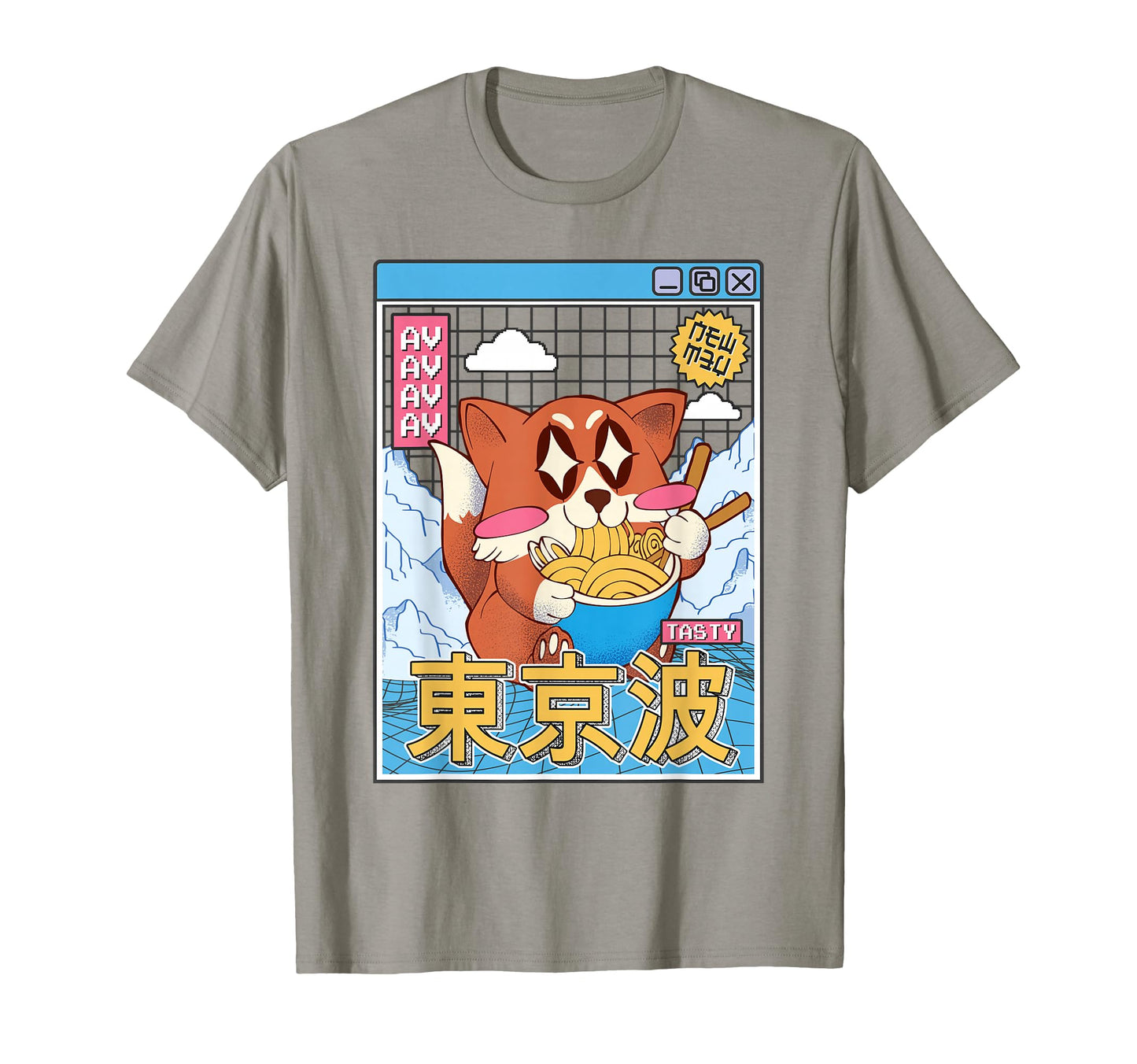 Happy Fox Eating Ramen Vaporwave T-Shirt - Trendy Graphic for Adults - T-Shirt, Sweatshirt, Hoodie