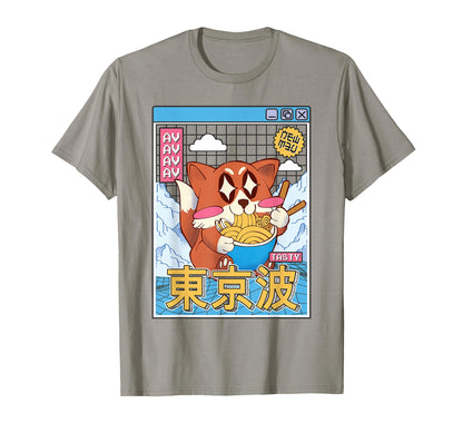 Happy Fox Eating Ramen Vaporwave T-Shirt - Trendy Graphic for Adults - T-Shirt, Sweatshirt, Hoodie