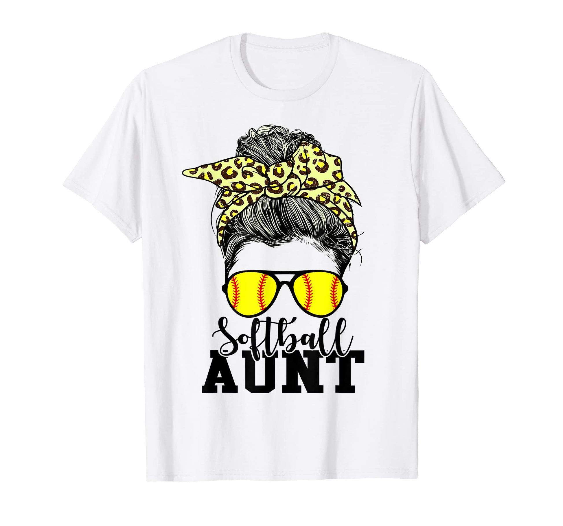 Softball Aunt Messy Bun Leopard T-Shirt - Streetwear Style for Adults - T-Shirt, Sweatshirt, Hoodie