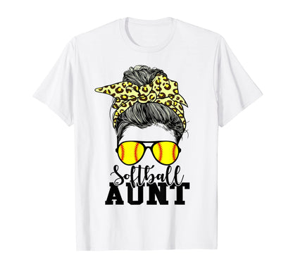 Softball Aunt Messy Bun Leopard T-Shirt - Streetwear Style for Adults - T-Shirt, Sweatshirt, Hoodie