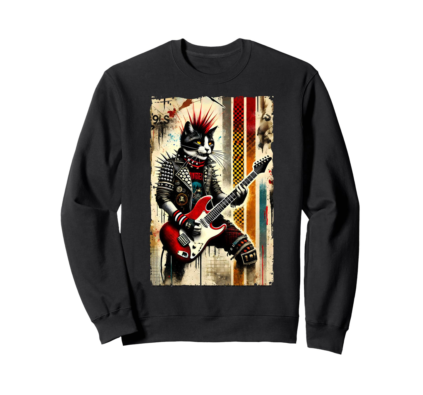 Distressed Cat Playing Guitar Sweatshirt - Fun Novelty Design for Adults - T-Shirt, Sweatshirt, Hoodie
