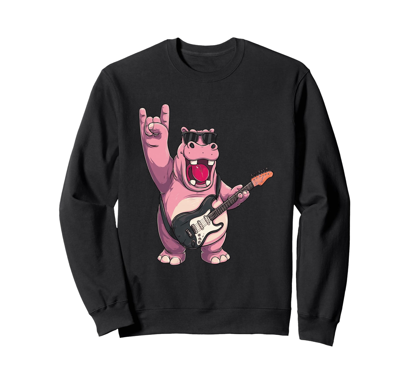 Hippo Guitar Player Rock Music Sweatshirt - Trendy Graphic for Adults - T-Shirt, Sweatshirt, Hoodie