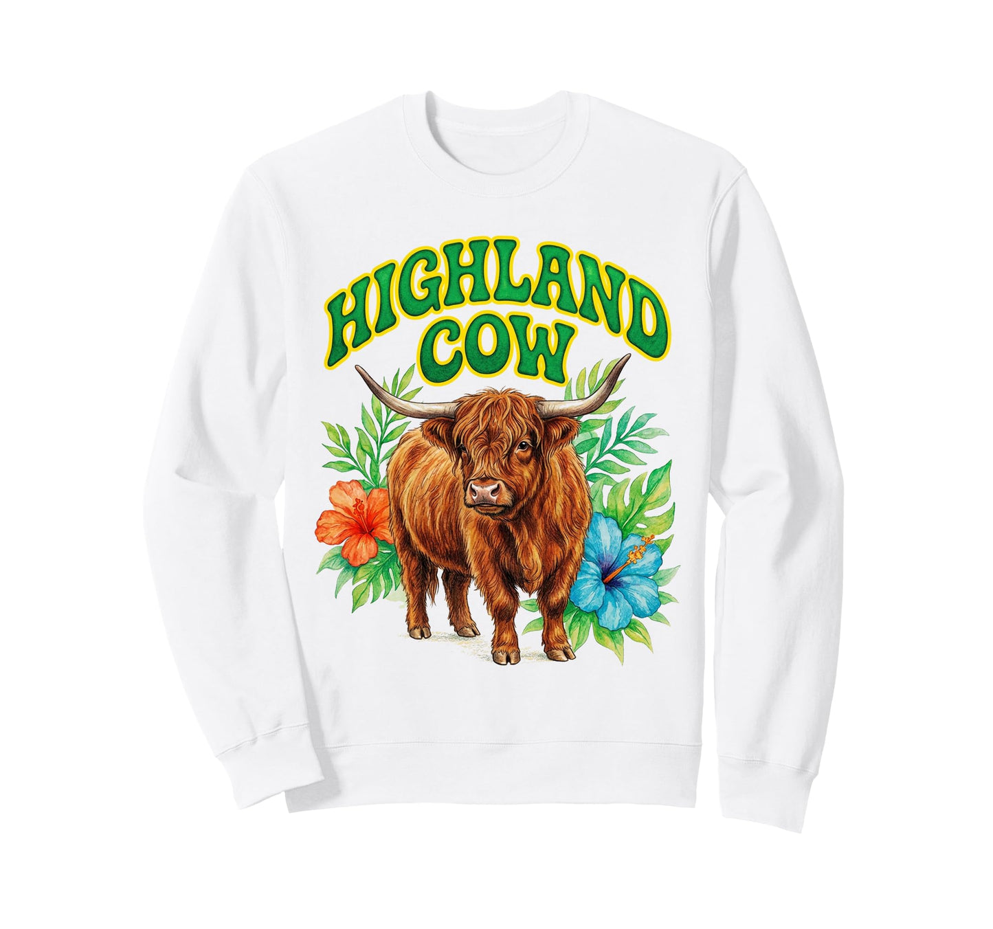 Highland Cow Groovy Floral Watercolor Sweatshirt - Minimalist Print Unisex - T-Shirt, Sweatshirt, Hoodie