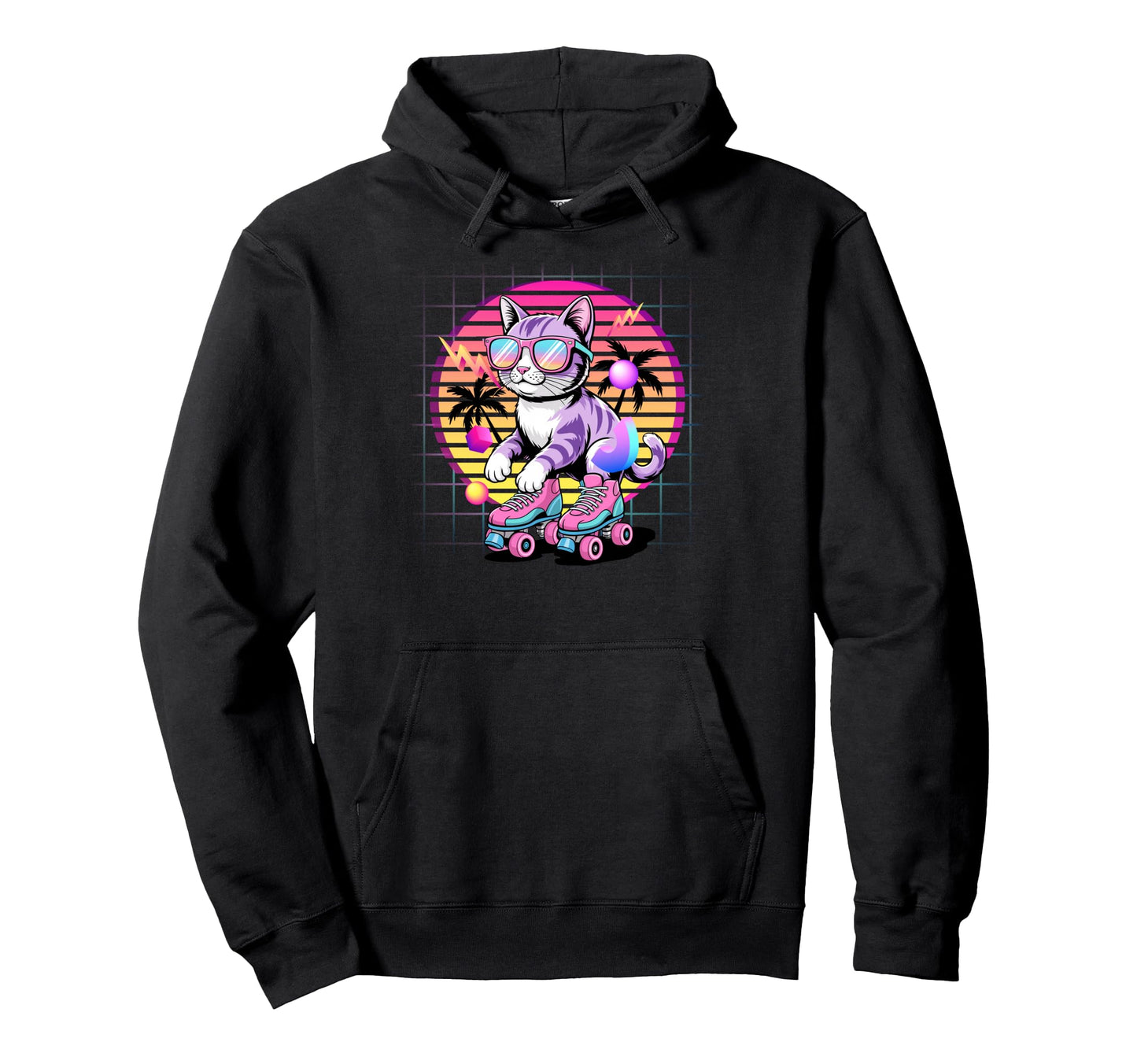 Synthwave Cat Roller Skates 80S Hoodie - Novelty Apparel for Adults - T-Shirt, Sweatshirt, Hoodie