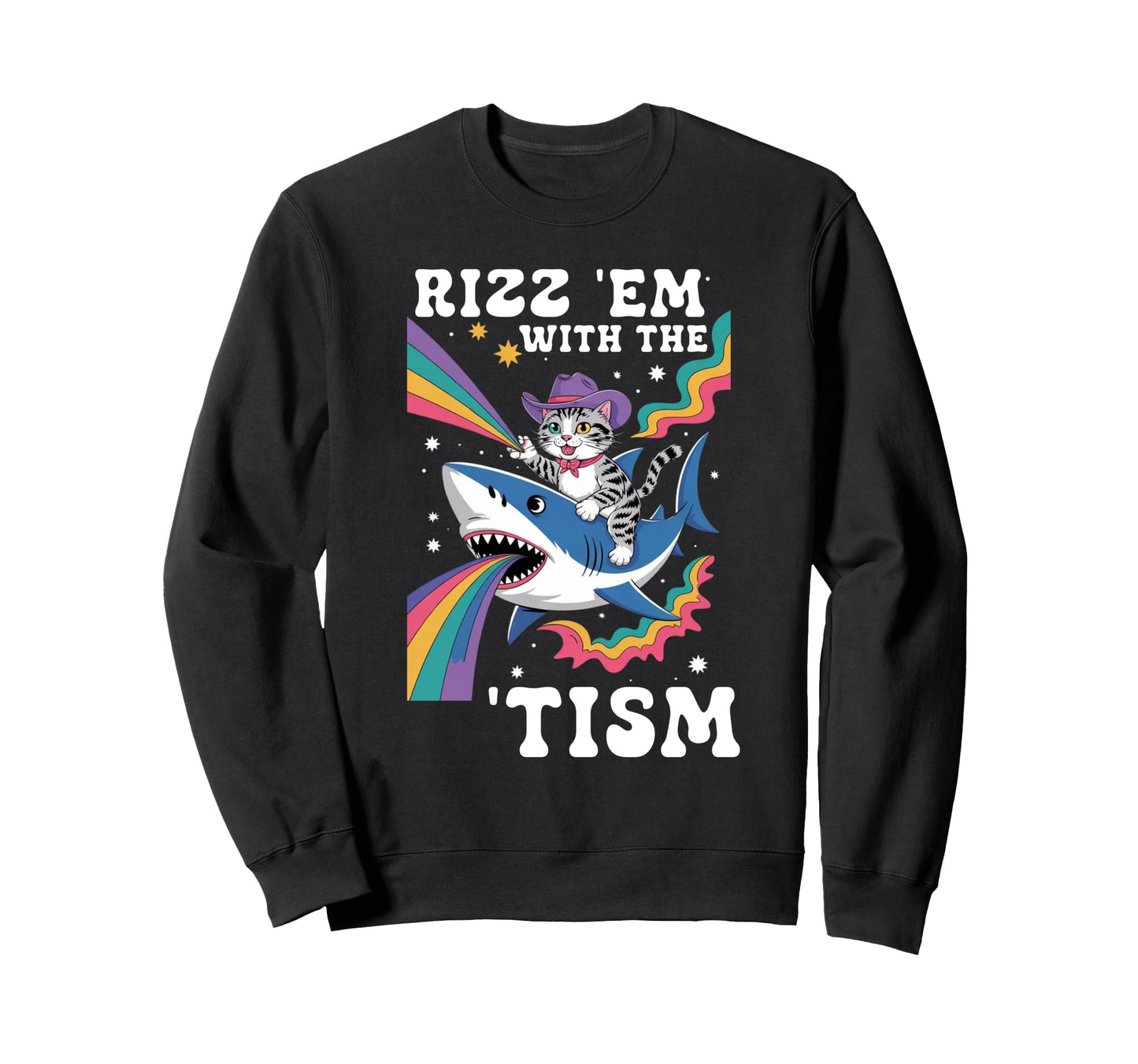Cowboy Cat Riding Shark Rainbow Hoodie - Unique Graphic Unisex - T-Shirt, Sweatshirt, Hoodie