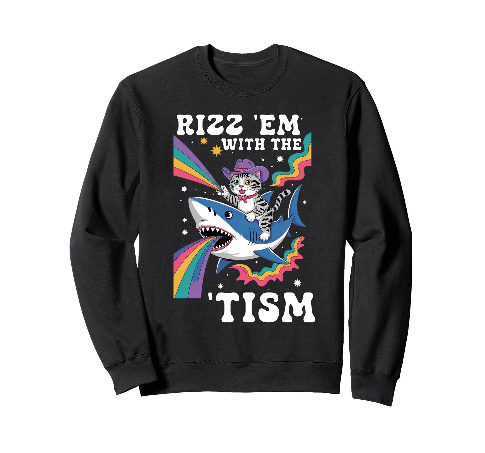 Cowboy Cat Riding Shark Rainbow Hoodie - Unique Graphic Unisex - T-Shirt, Sweatshirt, Hoodie
