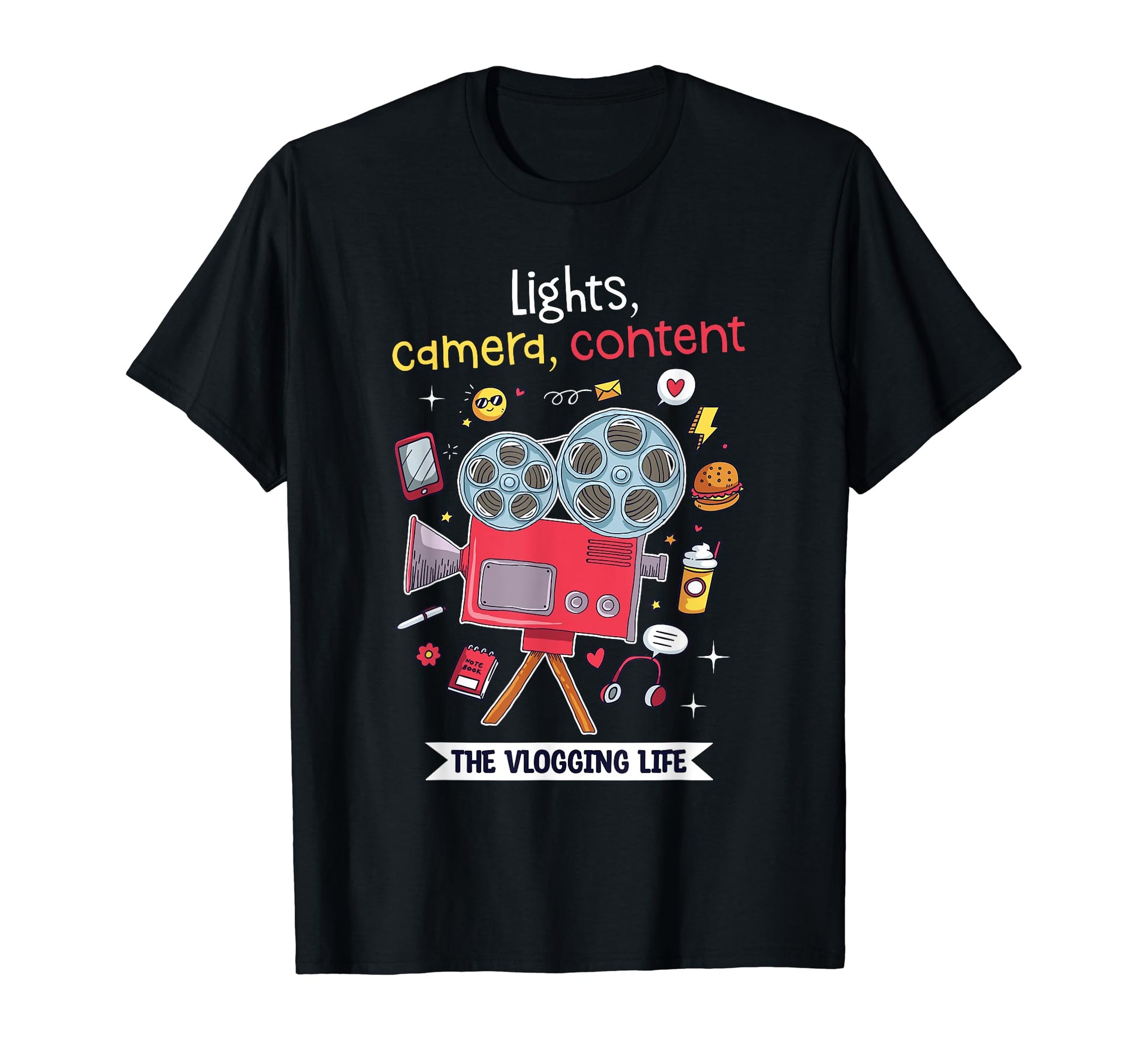 Lights Camera Content Vlogging T-Shirt - Custom Art Print for Adults - T-Shirt, Sweatshirt, Hoodie