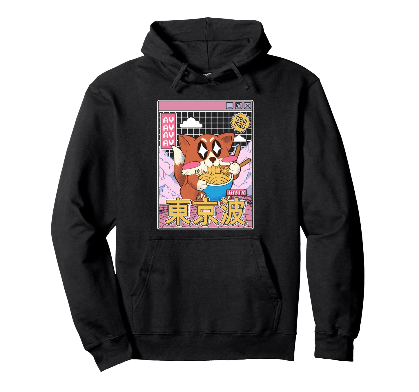 Happy Fox Eating Ramen Vaporwave Hoodie - Unique Graphic Men Women - T-Shirt, Sweatshirt, Hoodie