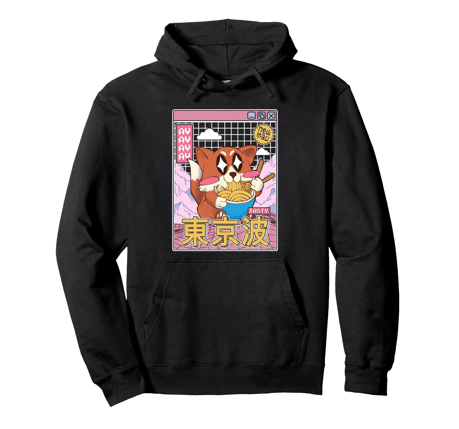 Happy Fox Eating Ramen Vaporwave Hoodie - Unique Graphic Men Women - T-Shirt, Sweatshirt, Hoodie
