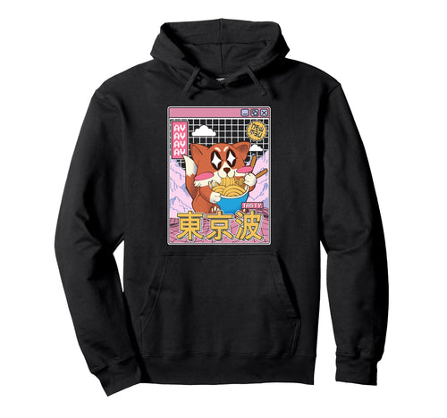 Happy Fox Eating Ramen Vaporwave Hoodie - Unique Graphic Men Women - T-Shirt, Sweatshirt, Hoodie