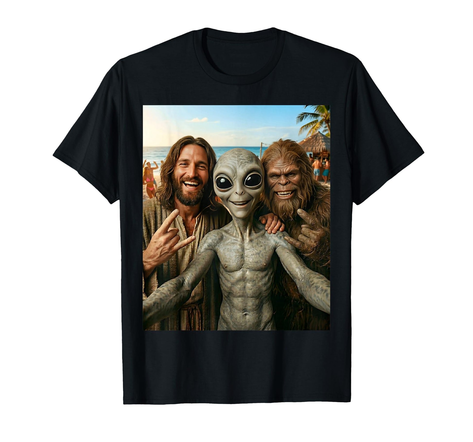 Funny Bigfoot Alien Jesus Rock Hand Sign T-Shirt - Graphic Print Men Women - T-Shirt, Sweatshirt, Hoodie