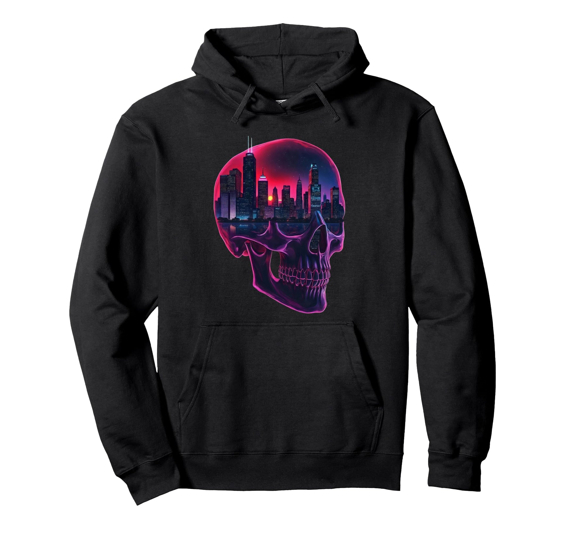90S Vaporwave Aesthetic Skull Cityscape Hoodie - Minimalist Print Unisex - T-Shirt, Sweatshirt, Hoodie
