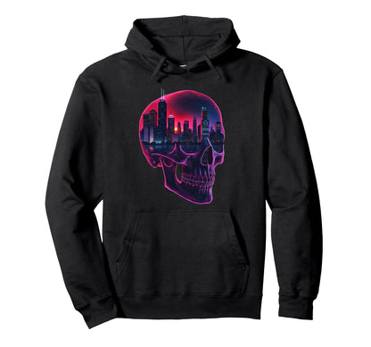 90S Vaporwave Aesthetic Skull Cityscape Hoodie - Minimalist Print Unisex - T-Shirt, Sweatshirt, Hoodie