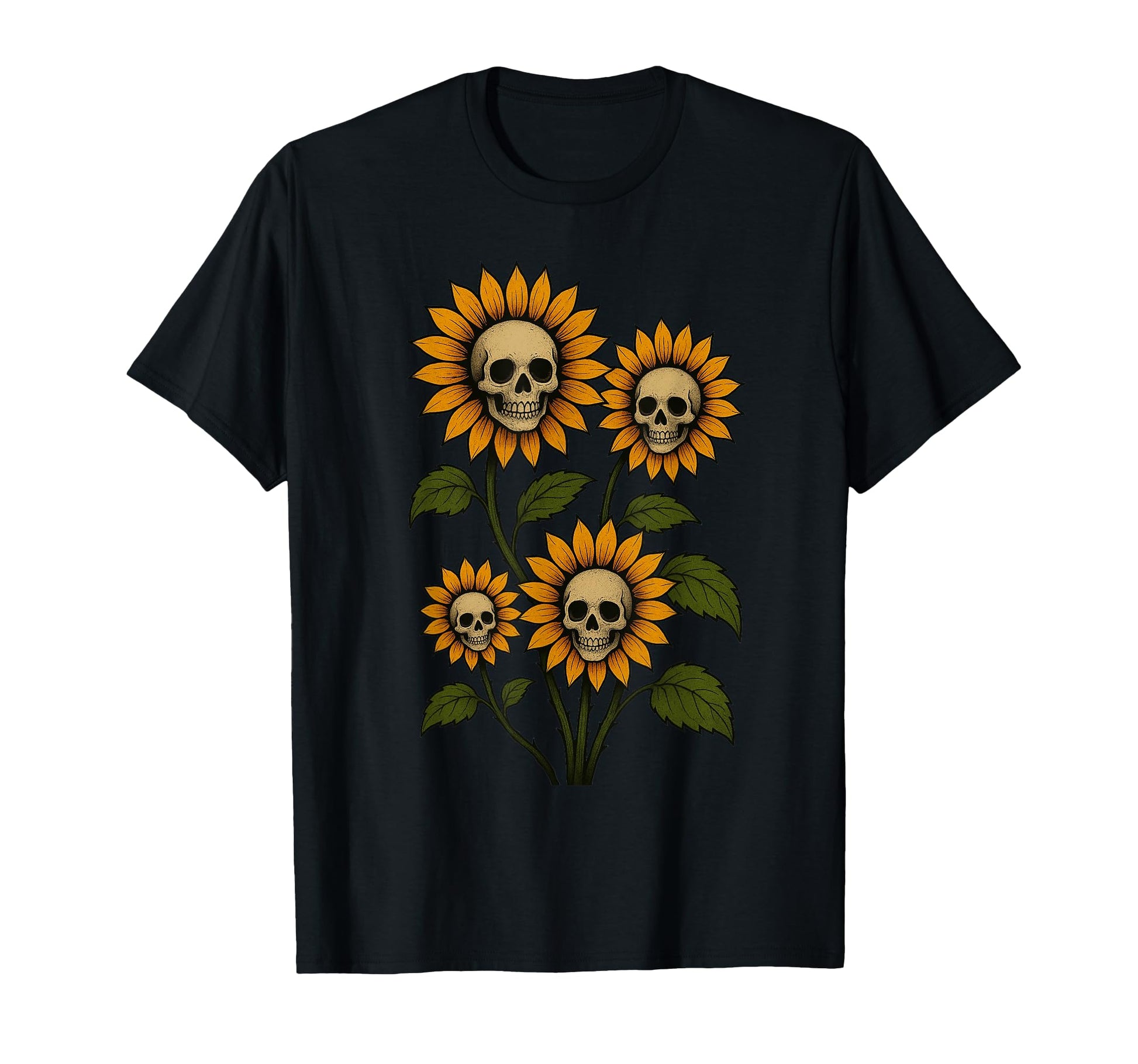 Skull Sunflowers Gothic Goth Creepy T-Shirt - Trendy Graphic for Adults - T-Shirt, Sweatshirt, Hoodie