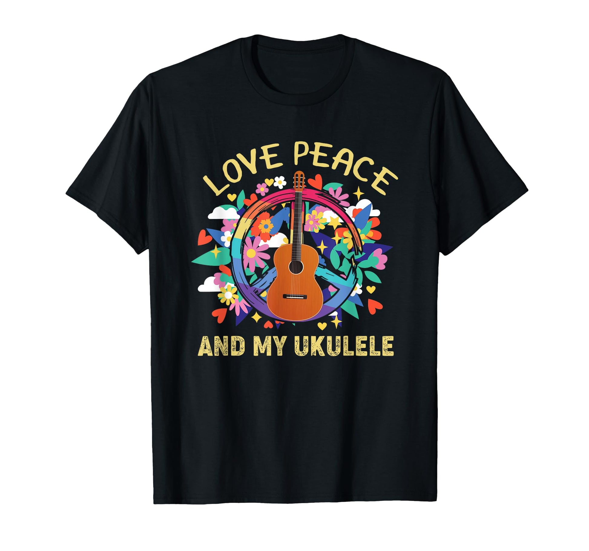 Love Peace And My Ukulele Ukulele T-Shirt - Graphic Print for Adults - T-Shirt, Sweatshirt, Hoodie