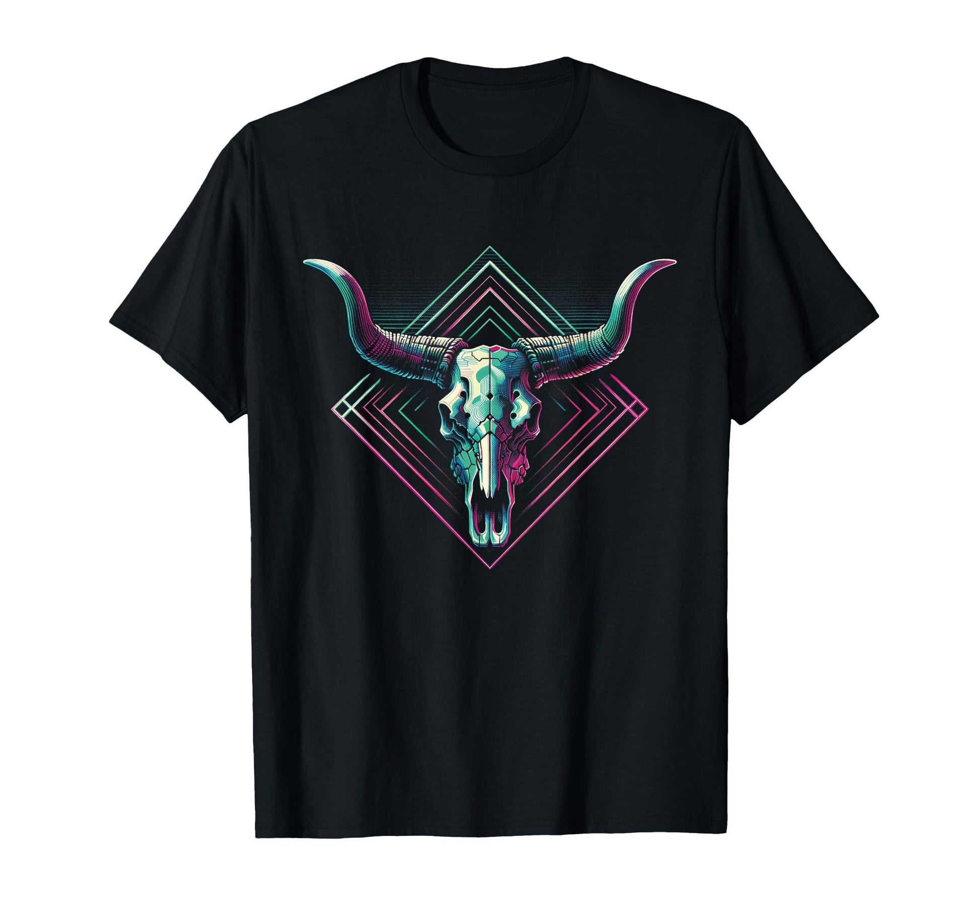 Vaporwave Longhorn Cow Cattle Skull T-Shirt - Fun Novelty Design Men Women - T-Shirt, Sweatshirt, Hoodie