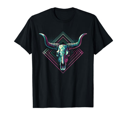 Vaporwave Longhorn Cow Cattle Skull T-Shirt - Fun Novelty Design Men Women - T-Shirt, Sweatshirt, Hoodie