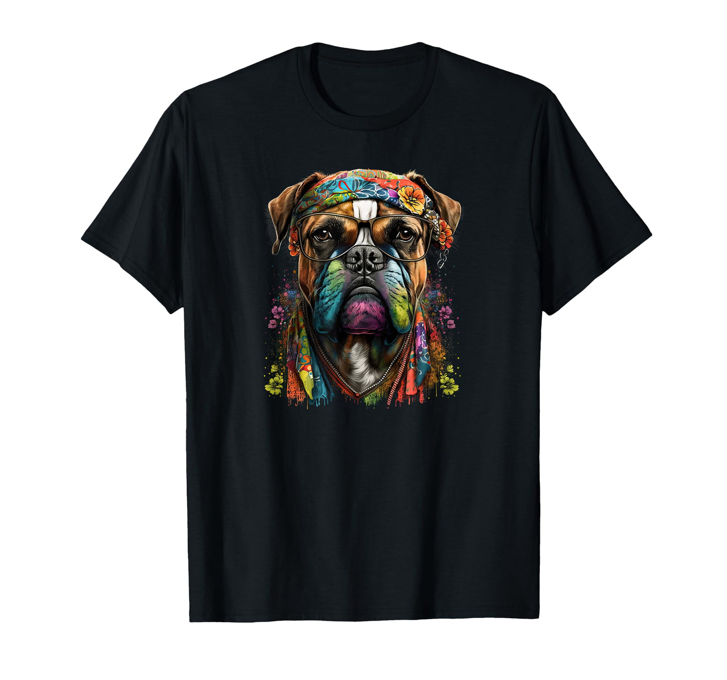 Funny Dog Boxer Hippie Peace Love T-Shirt - Unique Graphic Unisex - T-Shirt, Sweatshirt, Hoodie