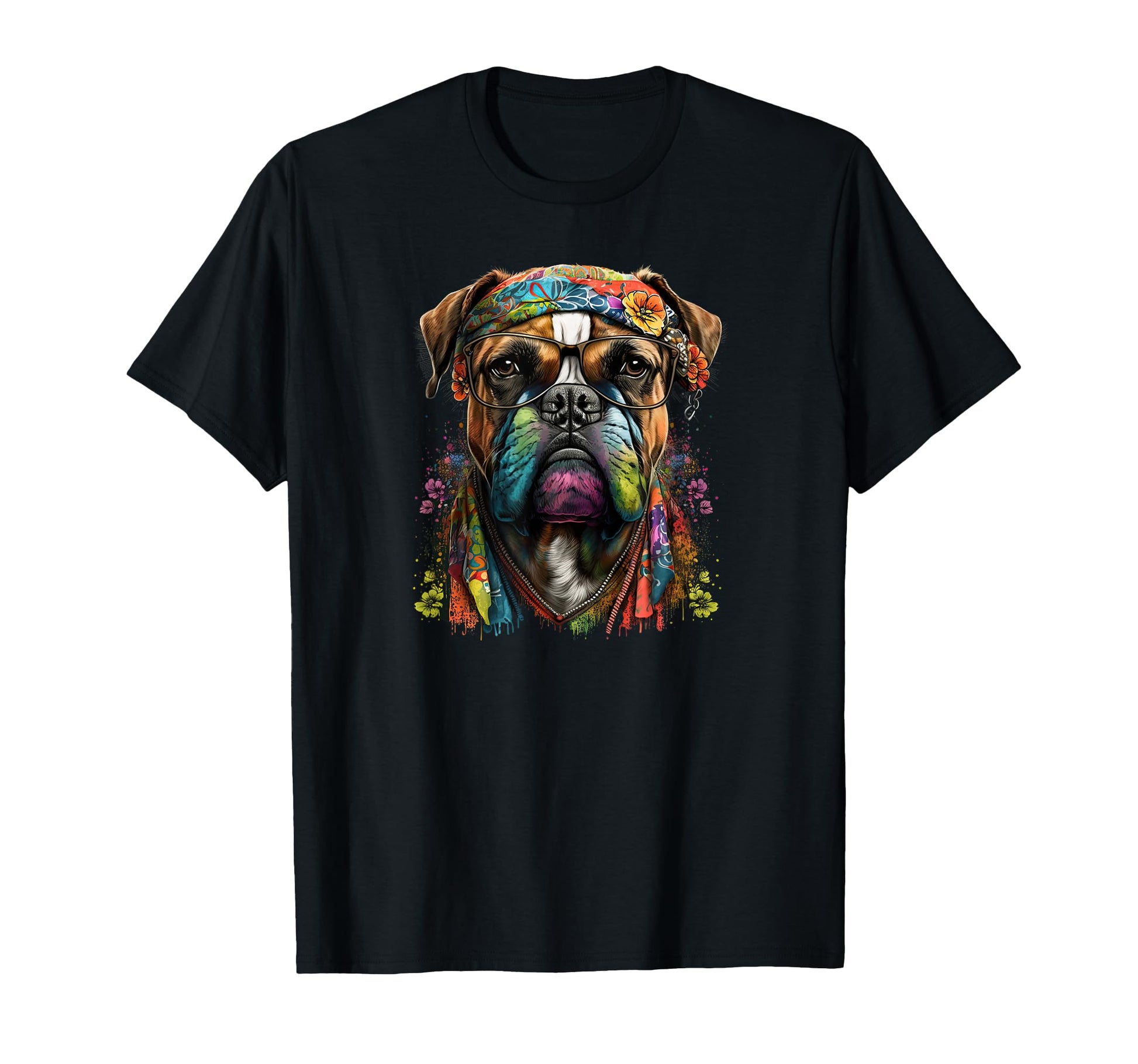 Funny Dog Boxer Hippie Peace Love T-Shirt - Unique Graphic Unisex - T-Shirt, Sweatshirt, Hoodie