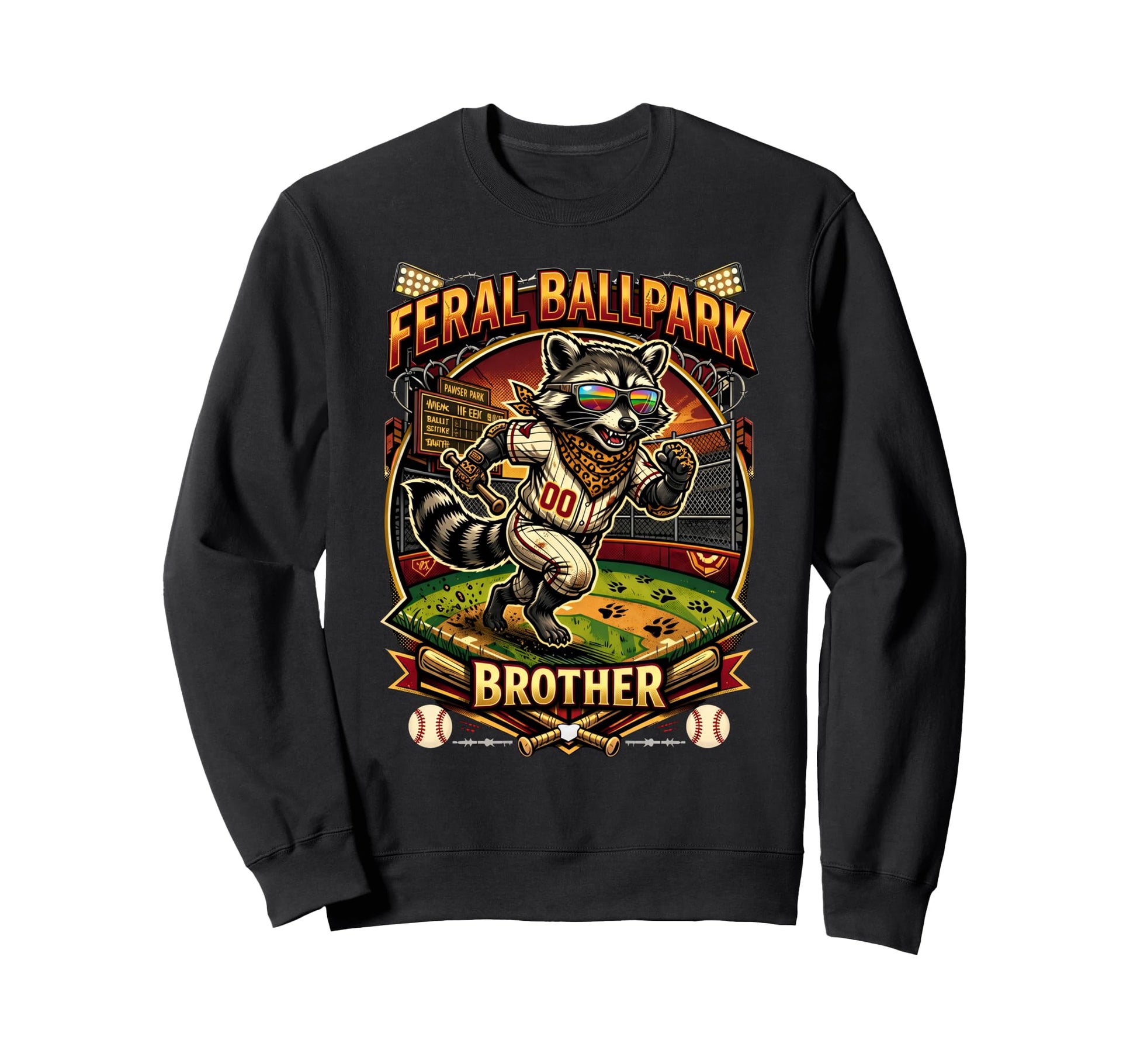 Raccoon And Scooter Feral Ballpark Sweatshirt - Novelty Apparel Men Women - T-Shirt, Sweatshirt, Hoodie