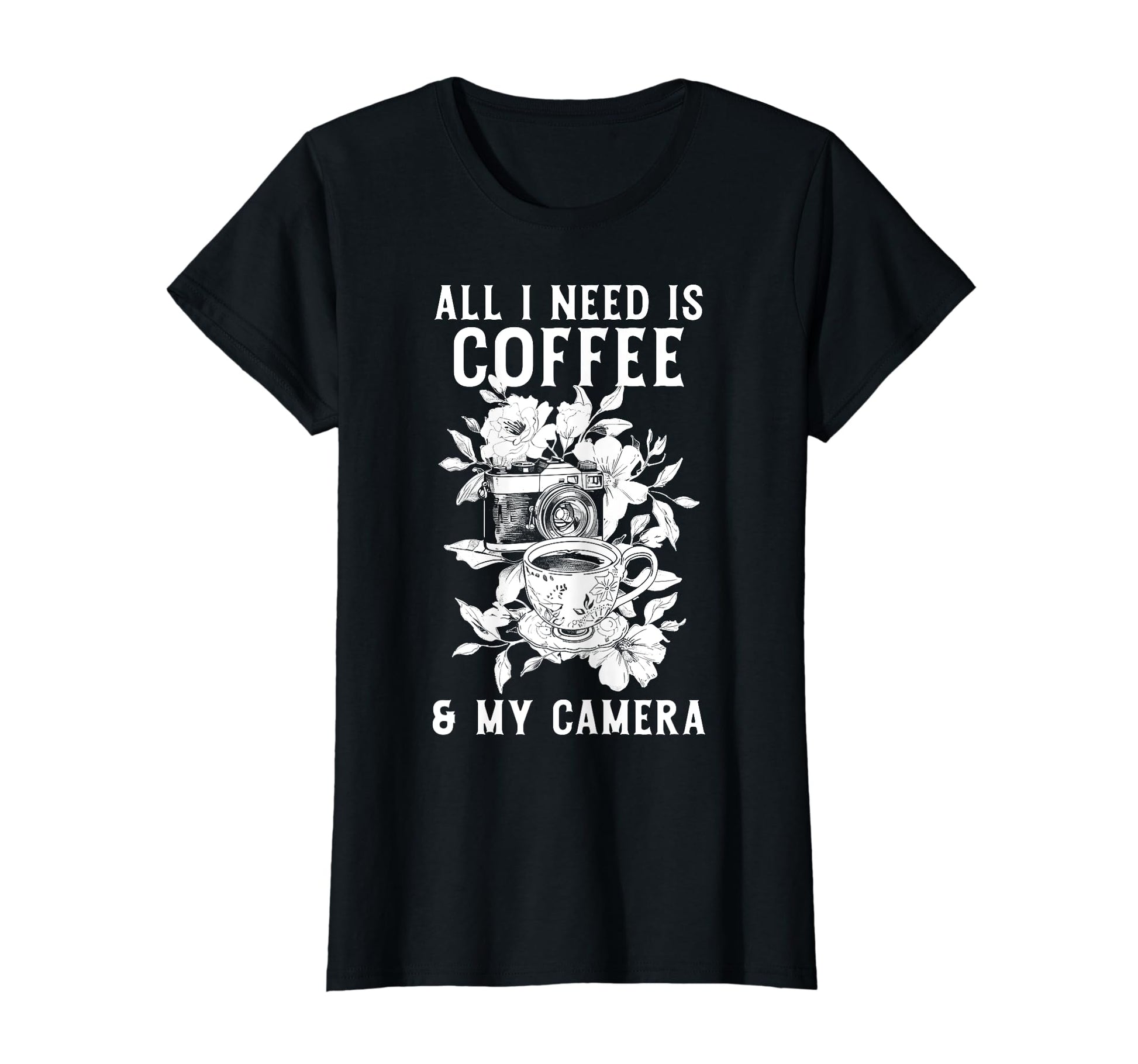 Coffee Camera Photographer Flowers T-Shirt - Unique Graphic Unisex - T-Shirt, Sweatshirt, Hoodie