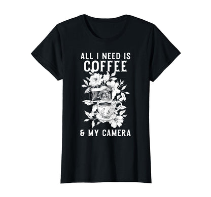 Coffee Camera Photographer Flowers T-Shirt - Unique Graphic Unisex - T-Shirt, Sweatshirt, Hoodie