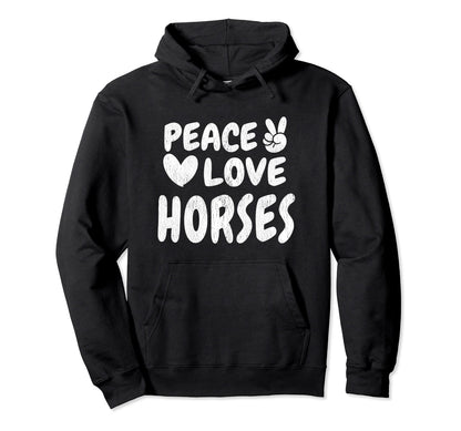 Peace Love Horses Groovy 60S 70S Hippie Hoodie - Trendy Graphic Unisex - T-Shirt, Sweatshirt, Hoodie
