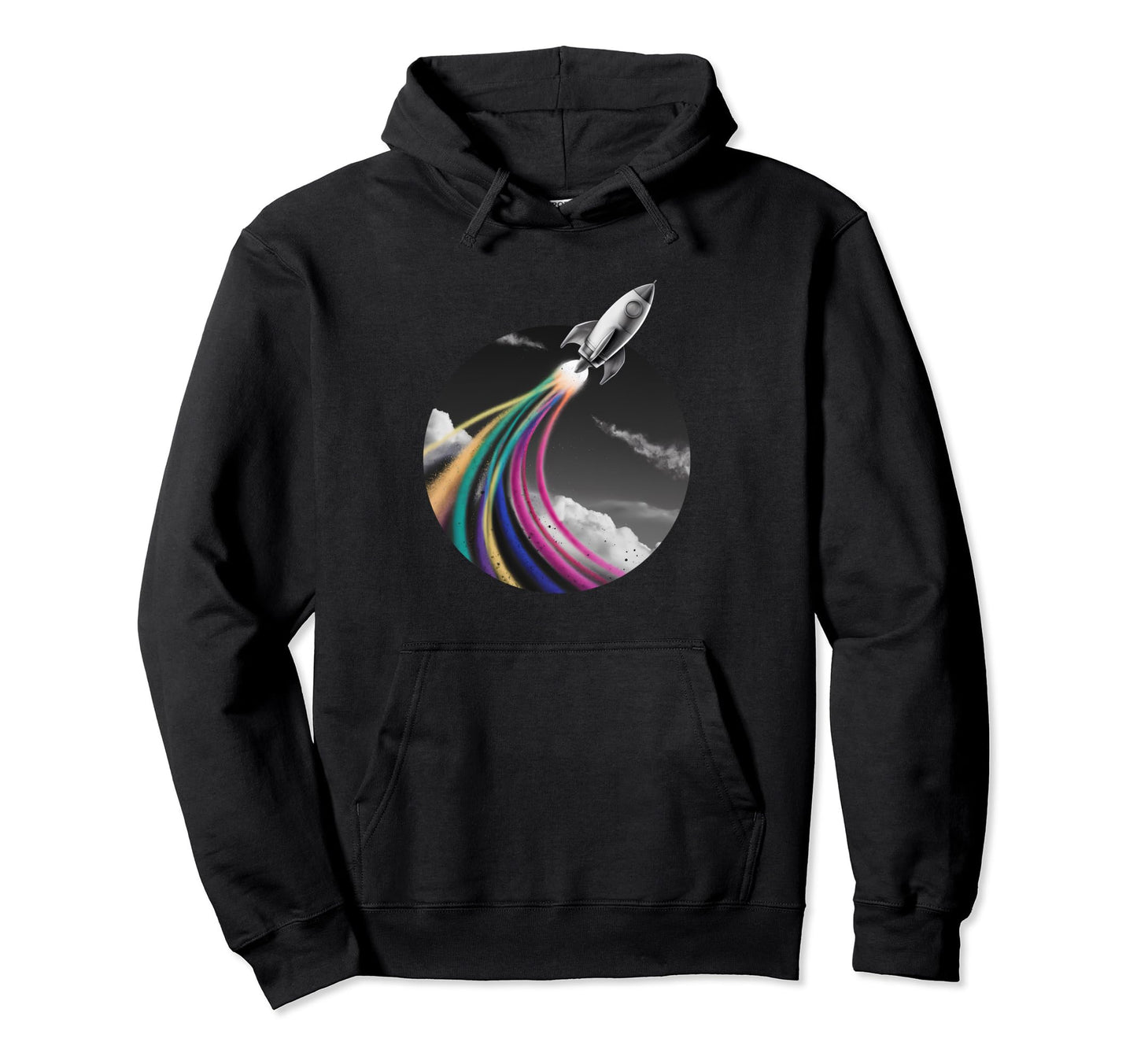 Rocket Flying Up Space Rainbow Burst Hoodie - Trendy Graphic Unisex - T-Shirt, Sweatshirt, Hoodie